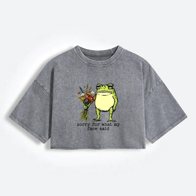 Kyoto-Lion Frog Sorry Mode Activated Women's Washed Crop T-Shirt