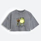 Kyoto-Lion Frog Sorry Mode Activated Women's Washed Crop T-Shirt