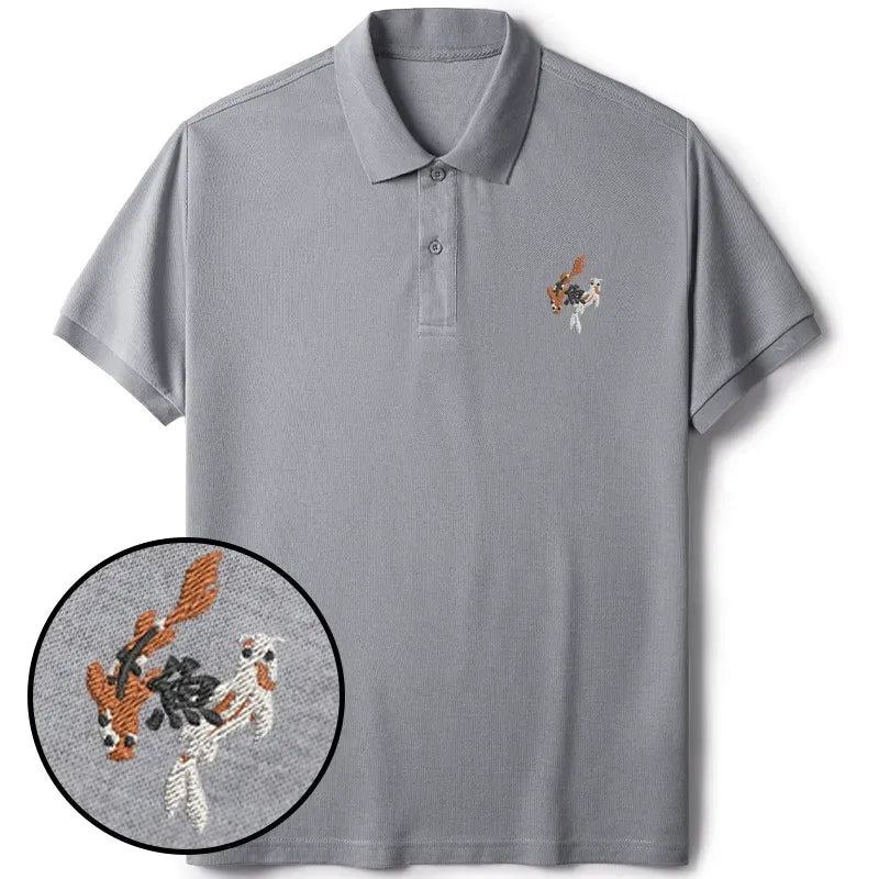 Kyoto-Lion Japanese Koi Embroidered Polo T-Shirt