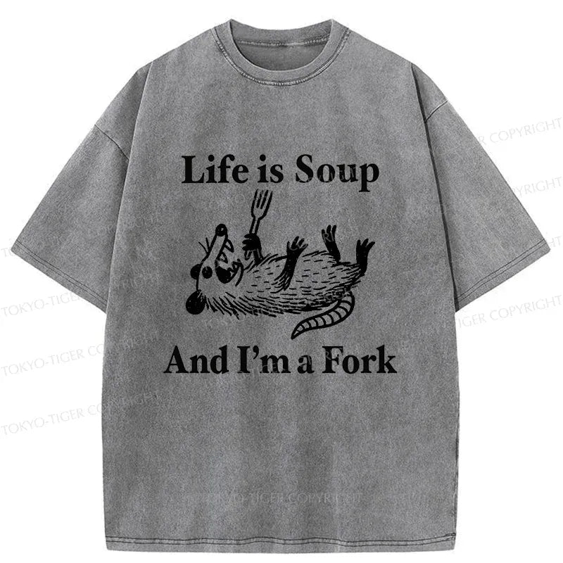 Kyoto-Lion Possum Holding A Fork Washed T-Shirt