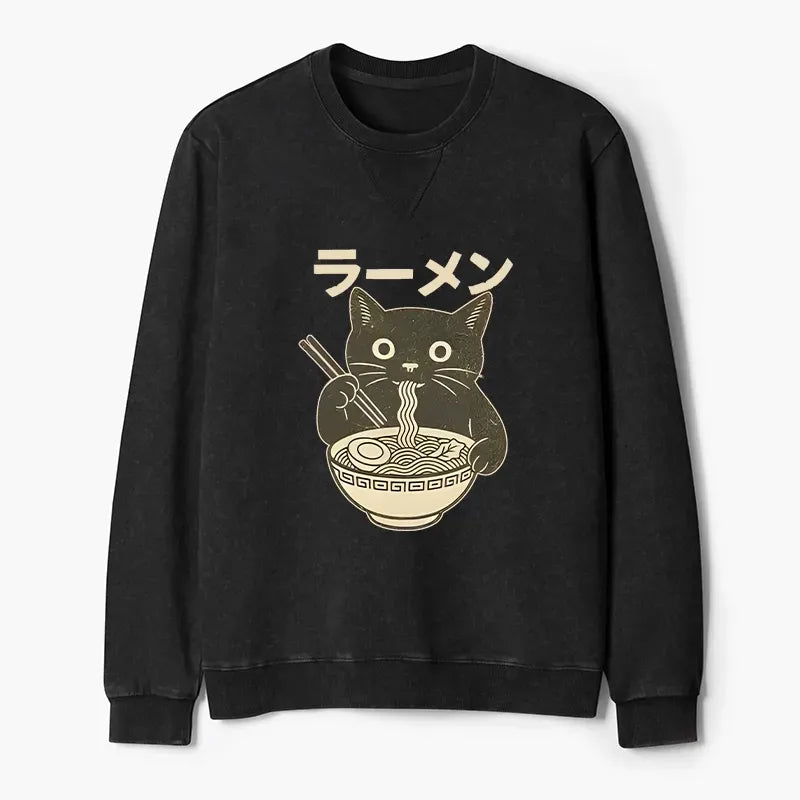 Kyoto-Lion Simple Black Cat Eating Ramen Washed Terry Sweatshirt