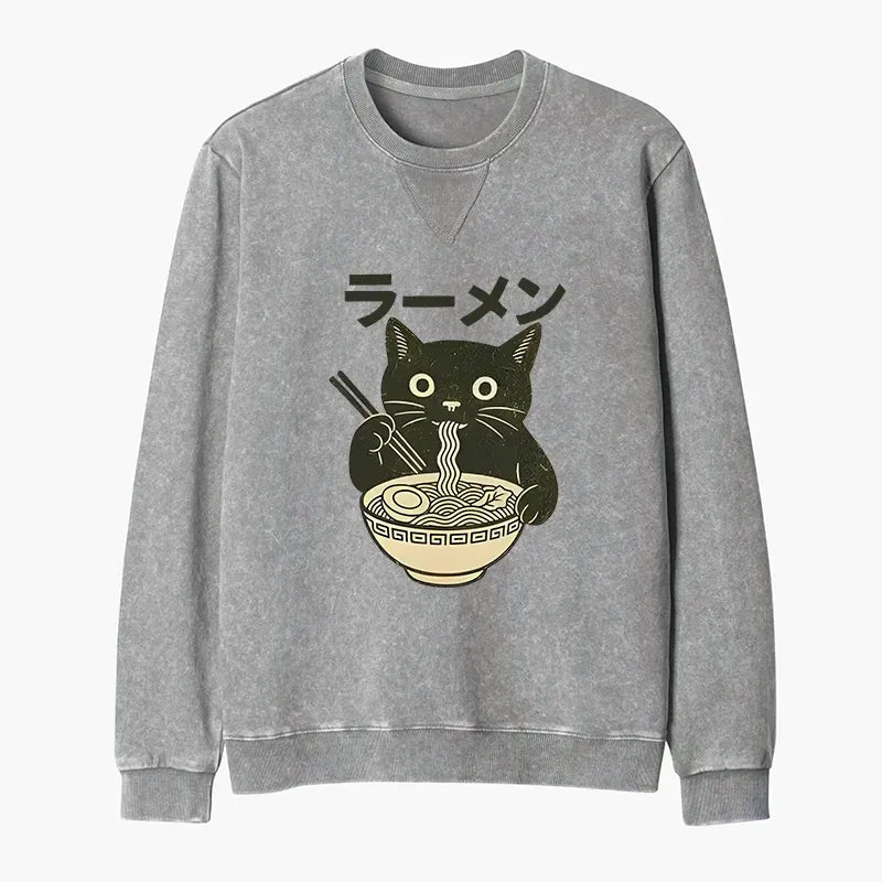 Kyoto-Lion Simple Black Cat Eating Ramen Washed Terry Sweatshirt