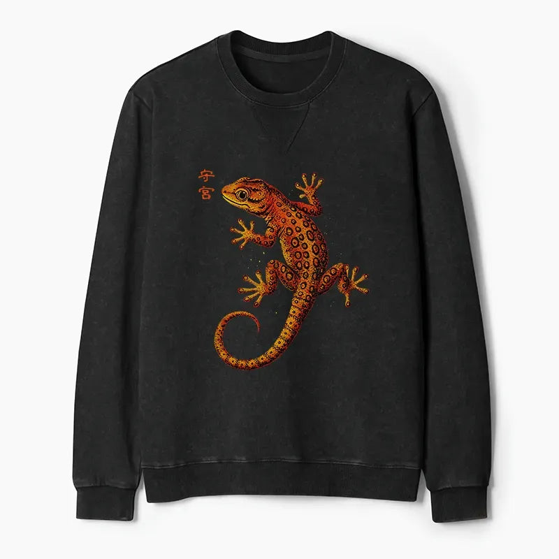Kyoto-Lion Retro Gecko Funny Washed Terry Sweatshirt