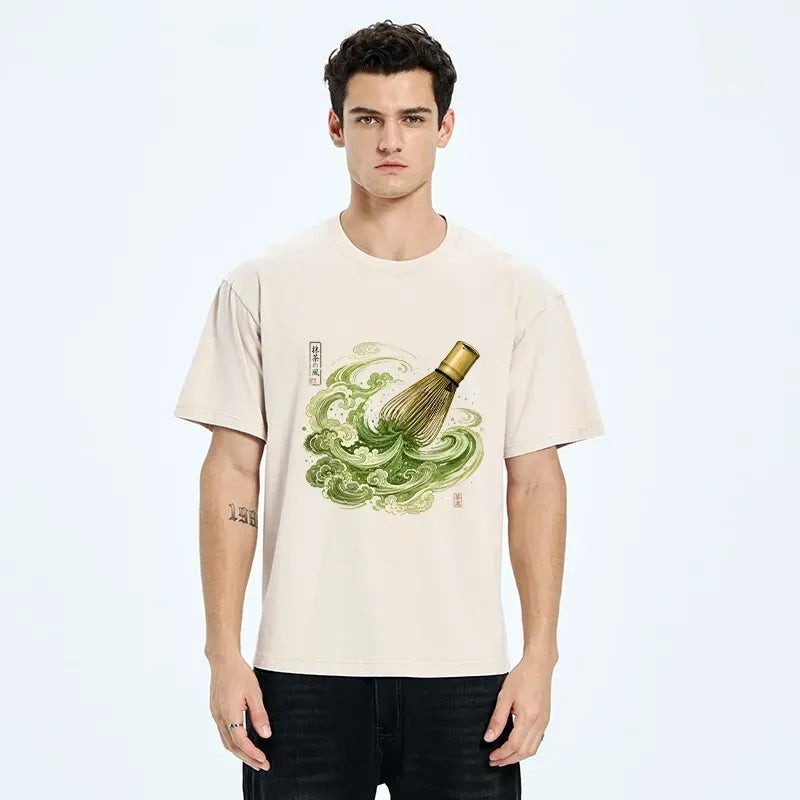 Kyoto-Lion Zen Matcha Wave Bamboo Whisk Vintage Print Washed T-Shirt