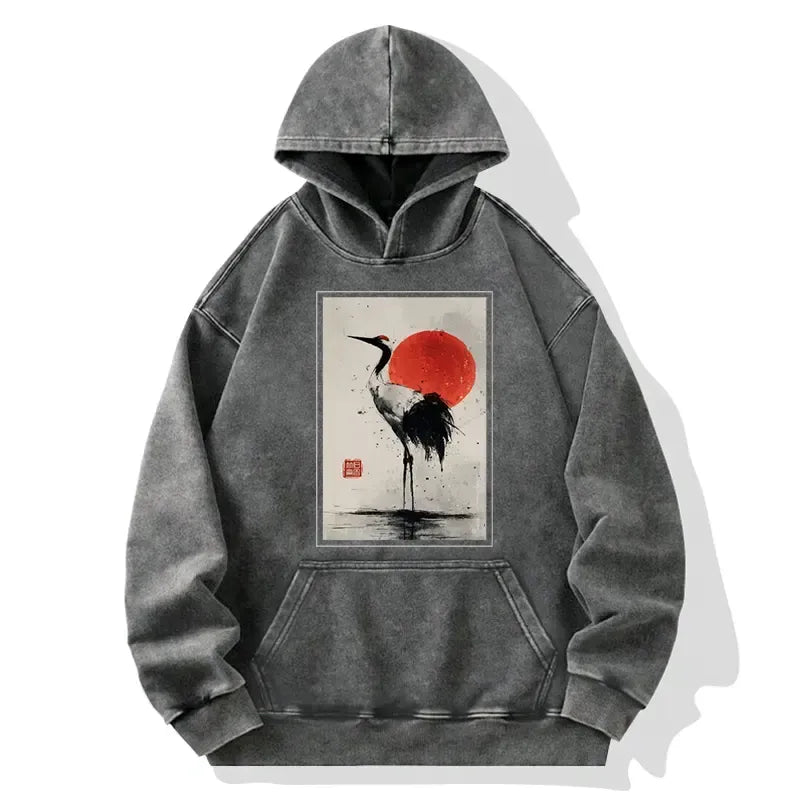 Retro Japanese Red-crowned Crane Hoodie for Daily Wear
