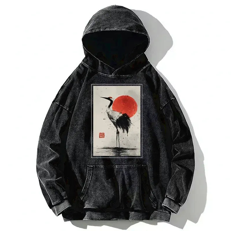Kyoto-Lion Retro Japanese Red-crowned Crane Washed Hoodie