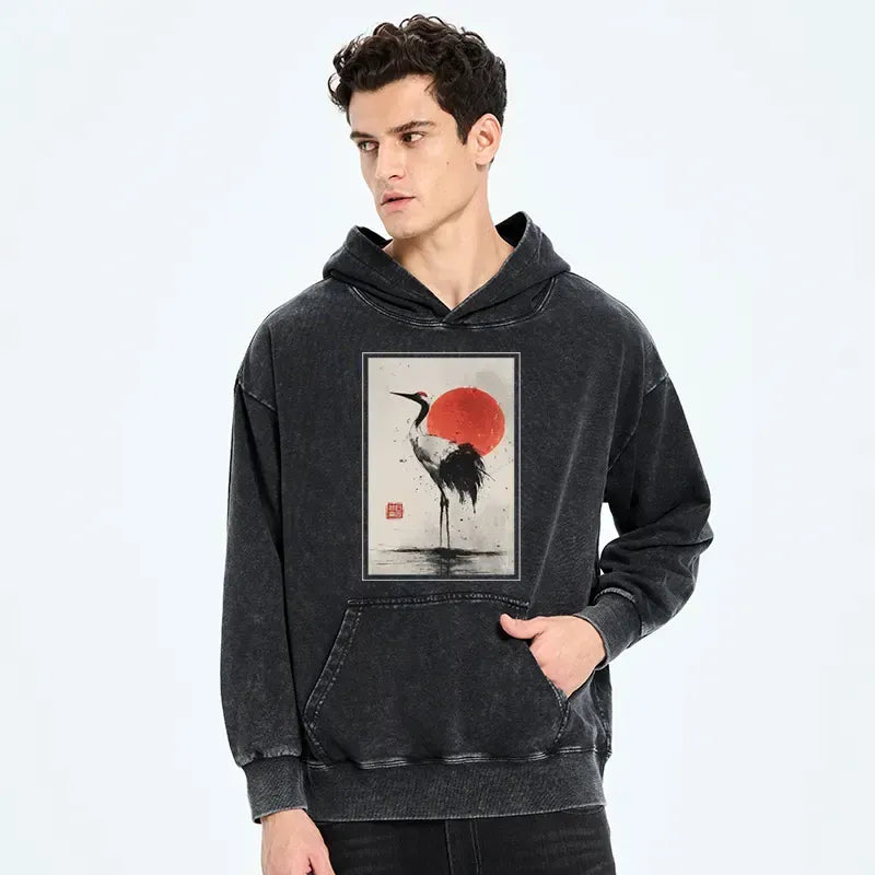 Red-crowned Crane Washed Hoodie Free Shipping