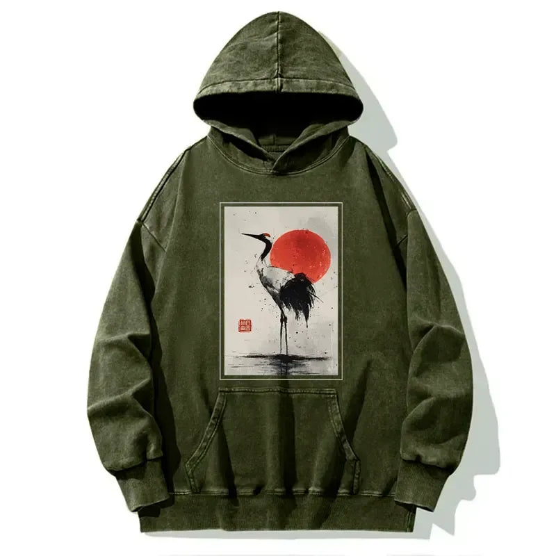 Retro Japanese Red-crowned Crane Hoodie for Daily Wear