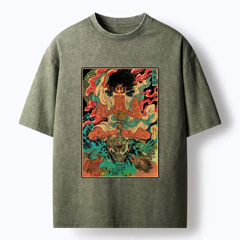 Japanese Oni Painting Washed T-Shirt for Streetwear