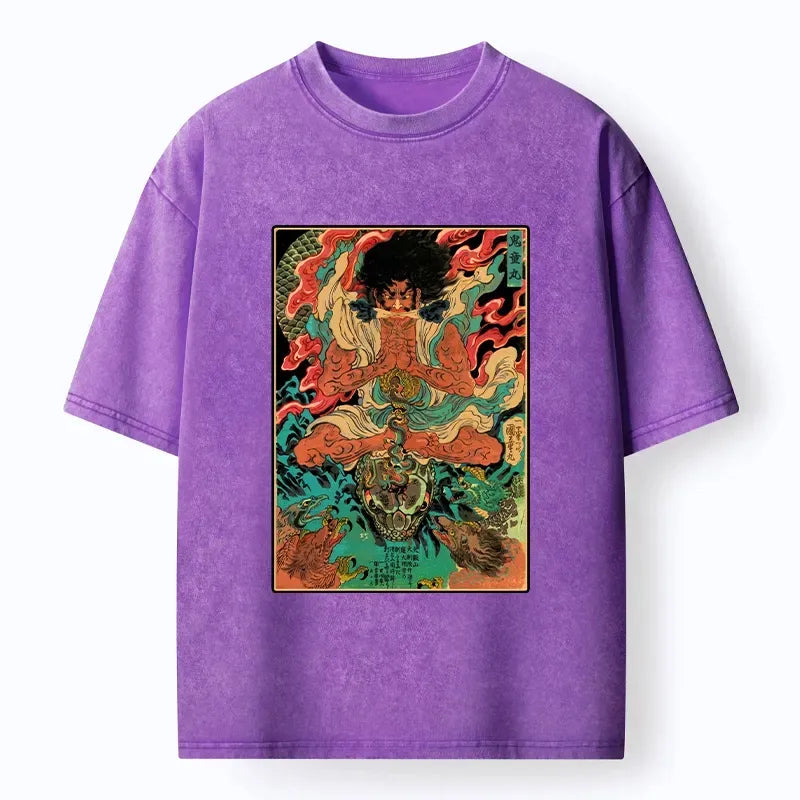 Japanese Oni Painting Washed T-Shirt for Streetwear