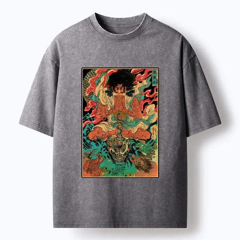 Kyoto-Lion Classic Japanese Oni Painting Washed T-Shirt