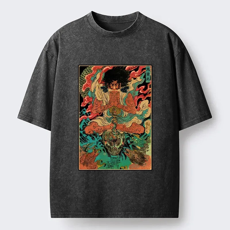 Japanese Oni Painting Washed T-Shirt for Streetwear