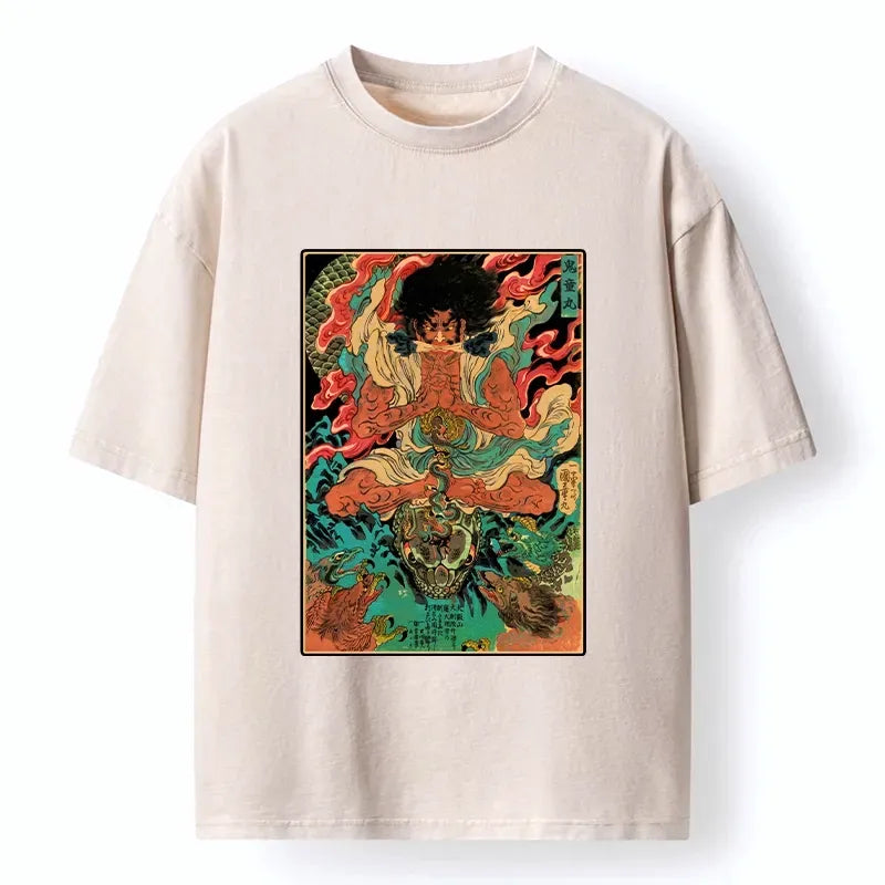 Kyoto-Lion Classic Japanese Oni Painting Washed T-Shirt