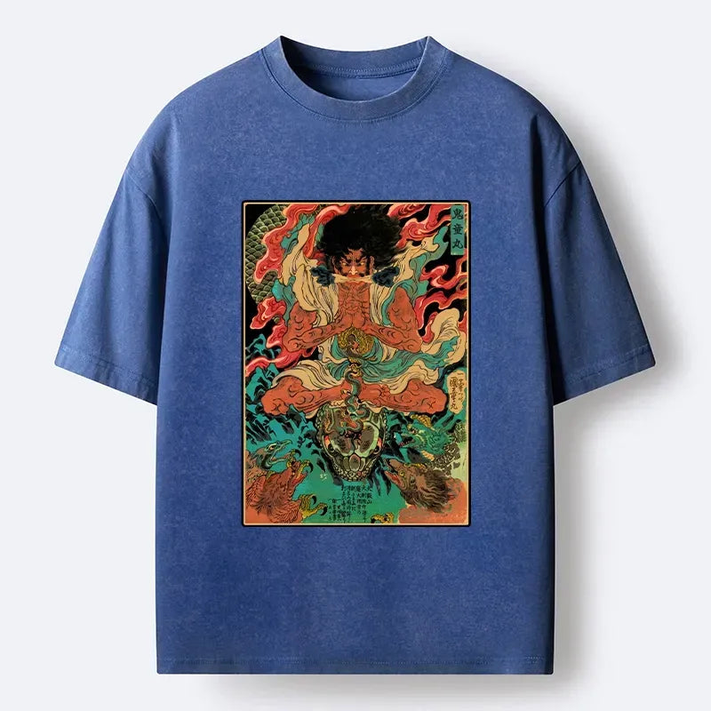 Japanese Oni Painting Washed T-Shirt for Streetwear