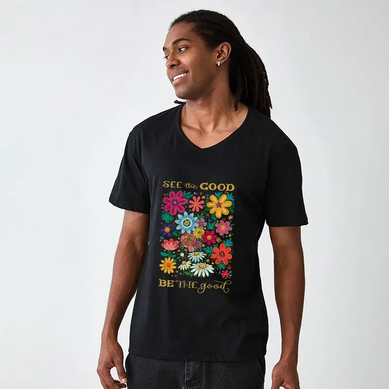 Kyoto Lion Flower V-Neck T-Shirt for Summer