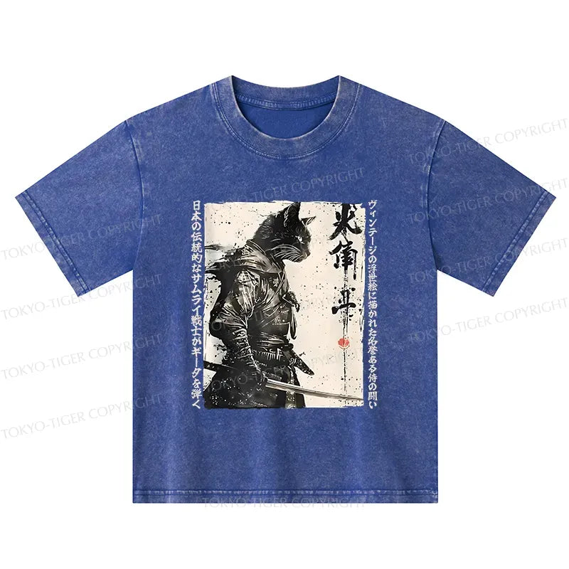 Kyoto-Lion Cat Samurai Retro Kids Washed T-Shirt