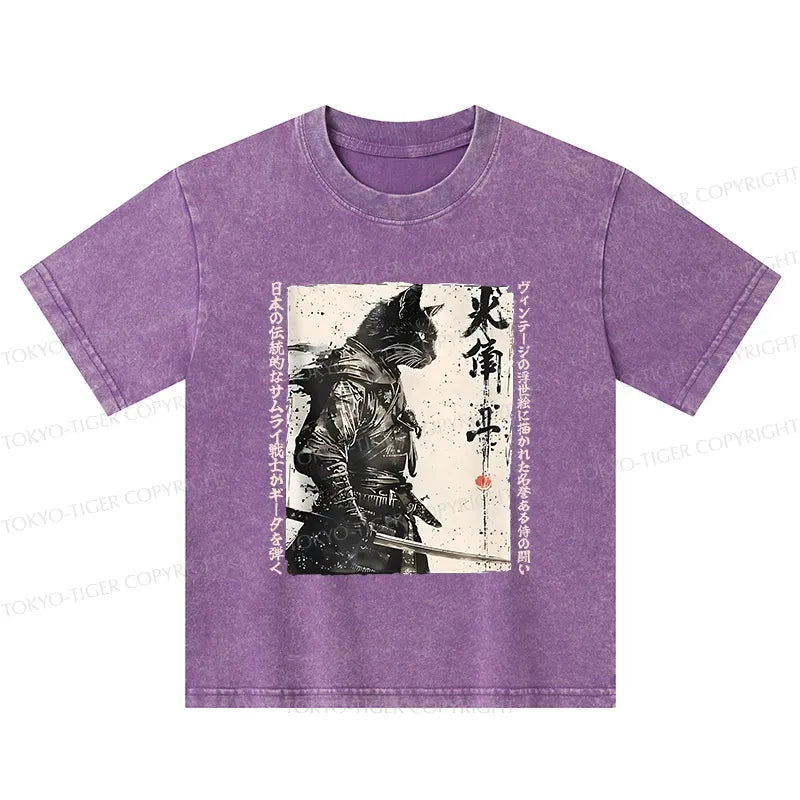 Kyoto-Lion Cat Samurai Retro Kids Washed T-Shirt