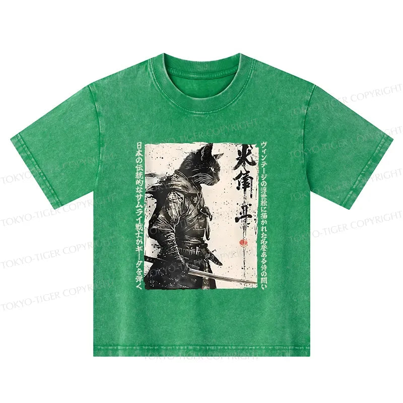 Kyoto-Lion Cat Samurai Retro Kids Washed T-Shirt