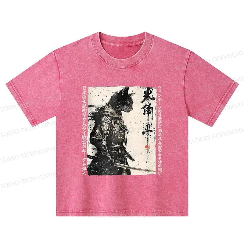 Kyoto-Lion Cat Samurai Retro Kids Washed T-Shirt