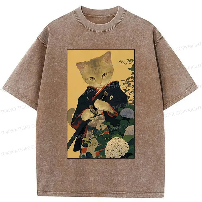 Kyoto-Lion Kitten Japanese Samurai Washed T-Shirt
