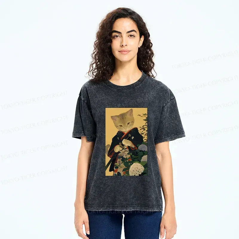 Kyoto-Lion Kitten Japanese Samurai Washed T-Shirt