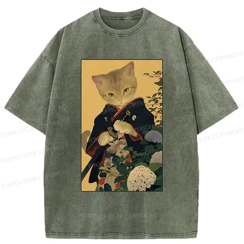 Japanese Samurai Kitten Washed T-Shirt