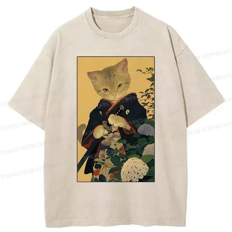 Kyoto-Lion Kitten Japanese Samurai Washed T-Shirt
