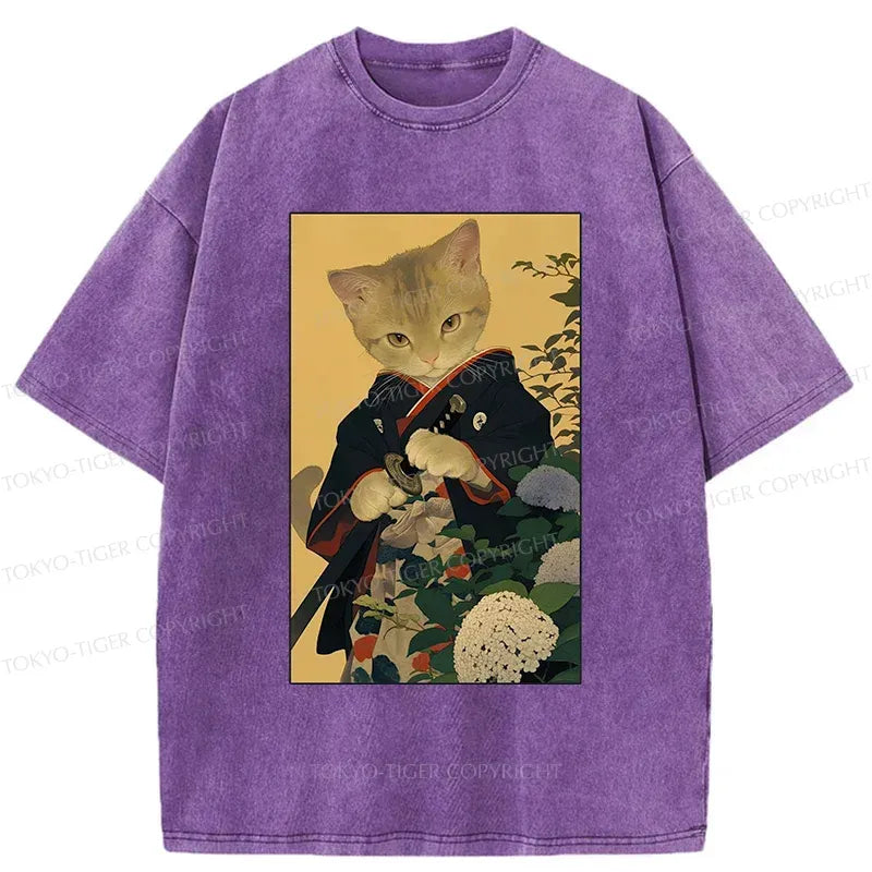 Kyoto-Lion Kitten Japanese Samurai Washed T-Shirt