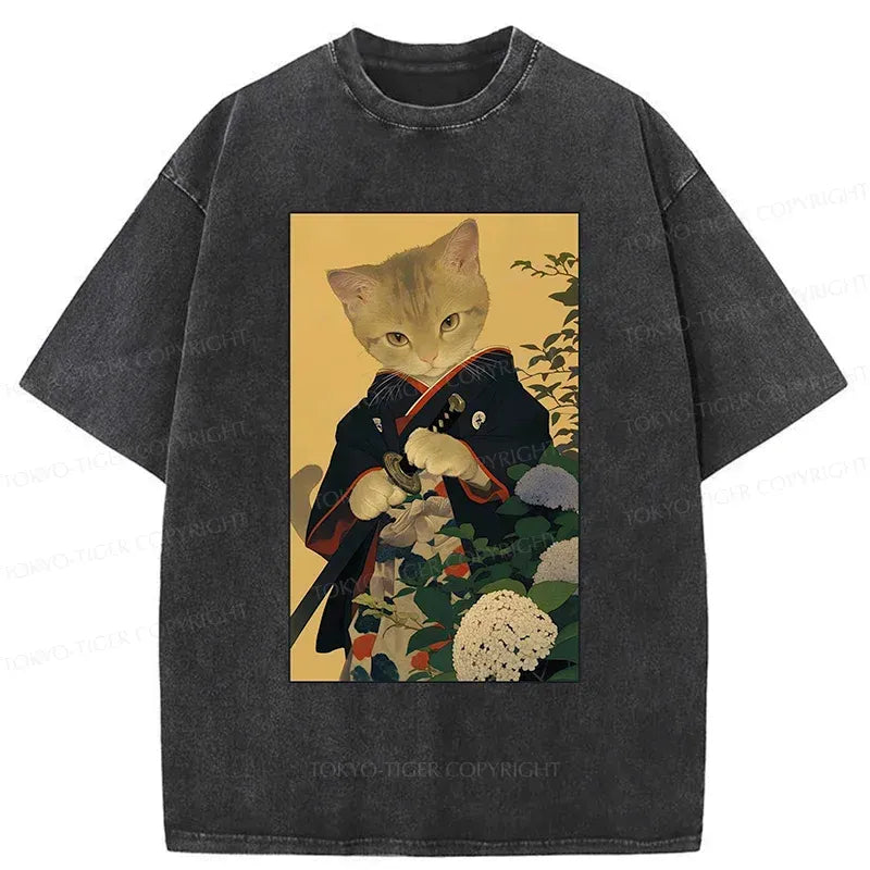 Japanese Samurai Kitten Washed T-Shirt