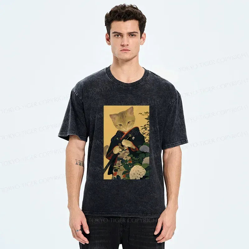 Kyoto-Lion Kitten Japanese Samurai Washed T-Shirt
