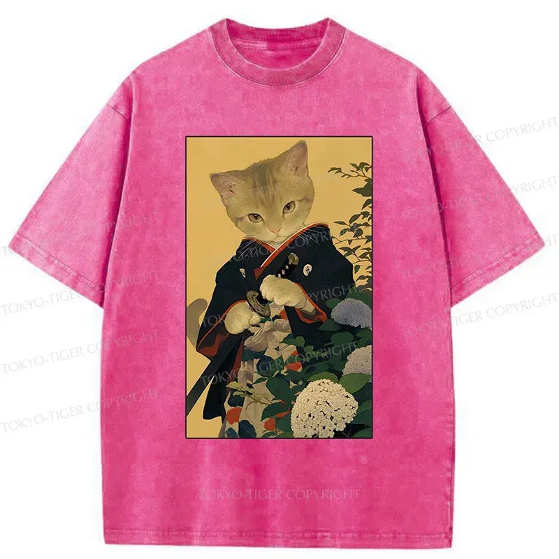 Kyoto-Lion Kitten Japanese Samurai Washed T-Shirt