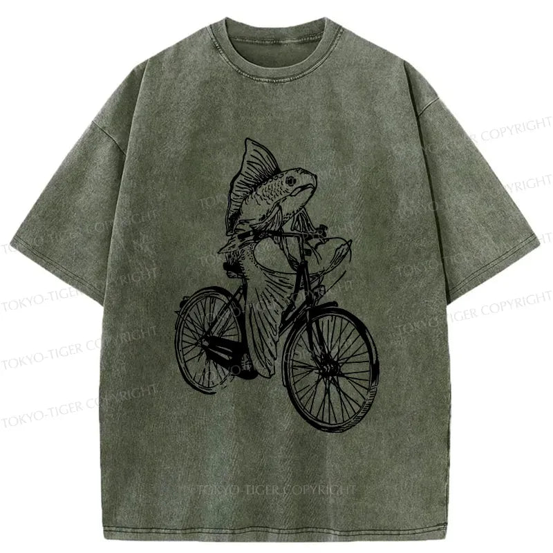Kyoto-Lion Funny Fish Riding A Bicycle Washed T-Shirt