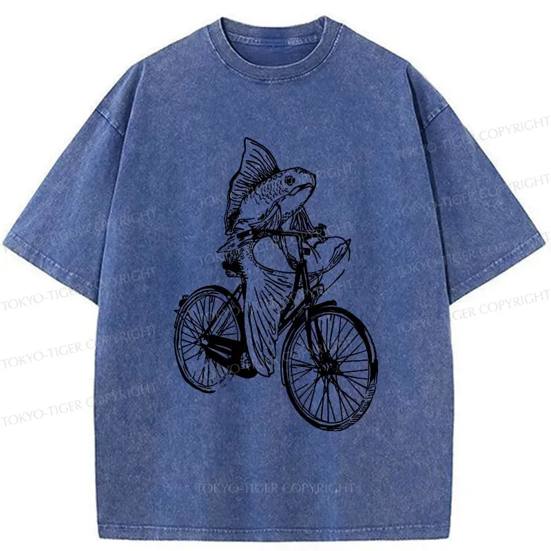 Kyoto-Lion Funny Fish Riding A Bicycle Washed T-Shirt