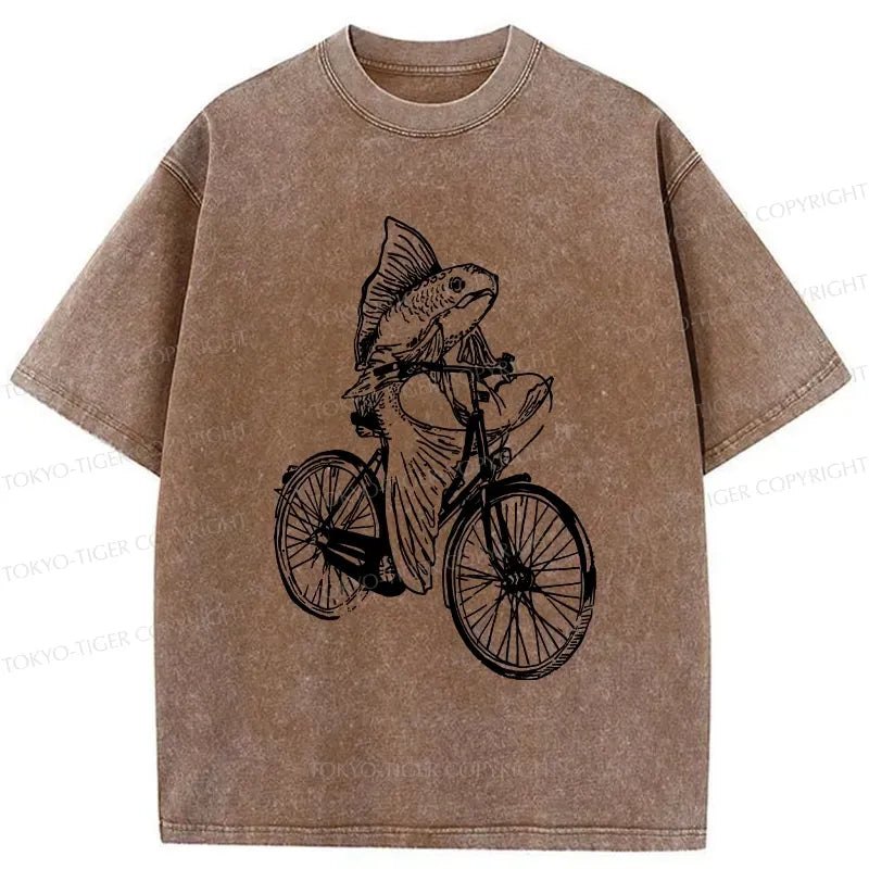 Kyoto-Lion Funny Fish Riding A Bicycle Washed T-Shirt
