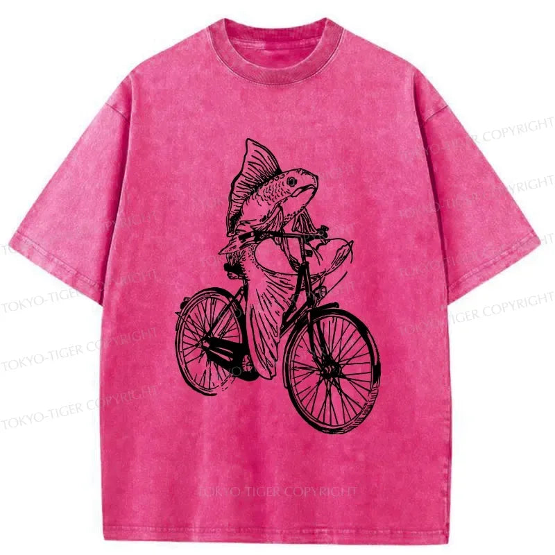 Kyoto-Lion Funny Fish Riding A Bicycle Washed T-Shirt