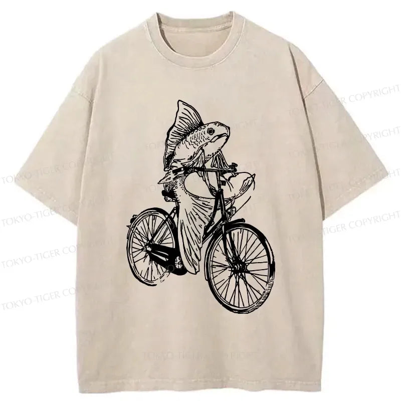 Kyoto-Lion Funny Fish Riding A Bicycle Washed T-Shirt