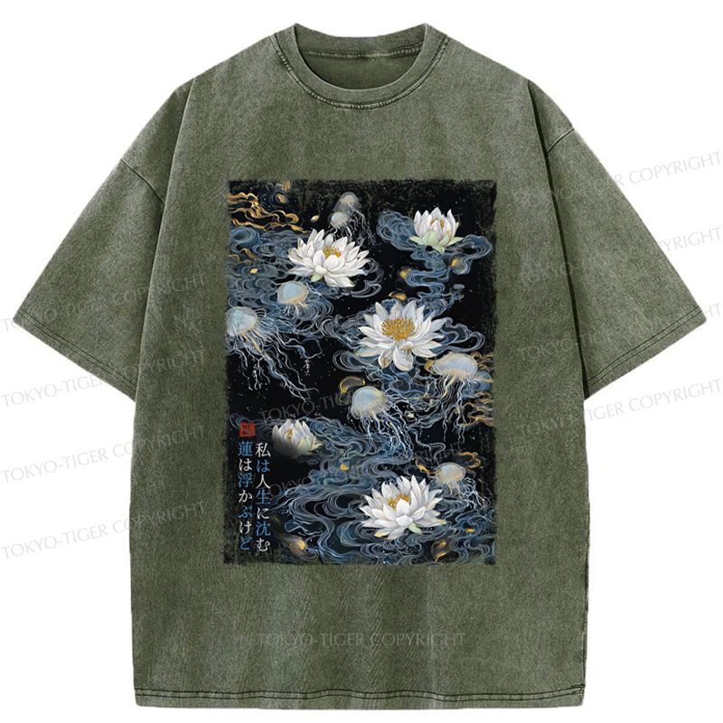 Japanese Zen Lotus Washed T-Shirt for Daily Wear