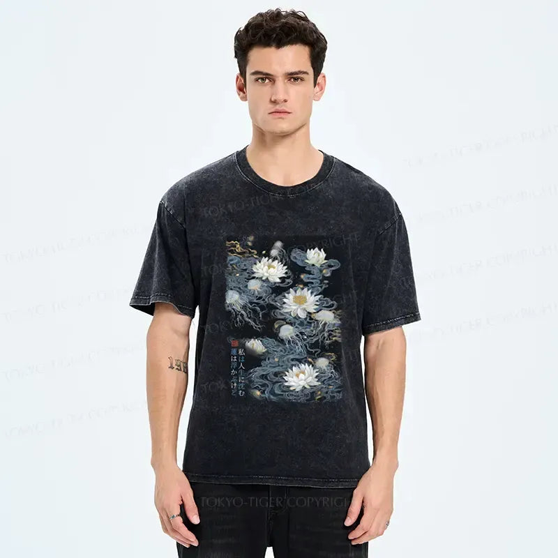 Japanese Zen Lotus Washed T-Shirt for Daily Wear