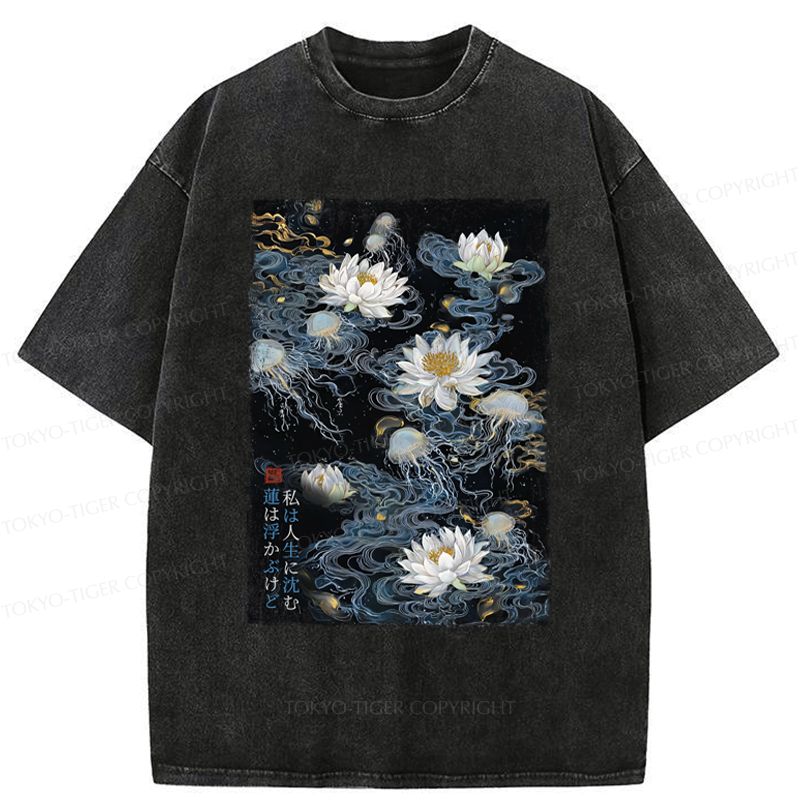 Japanese Zen Lotus Washed T-Shirt for Daily Wear