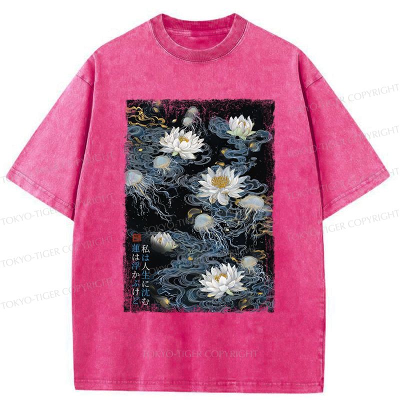 Japanese Zen Lotus Washed T-Shirt for Daily Wear