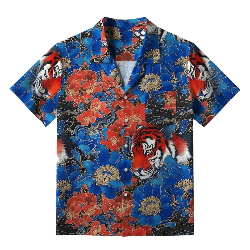 Kyoto-Lion Tiger Among Flowers Aloha Hawaiian Shirt