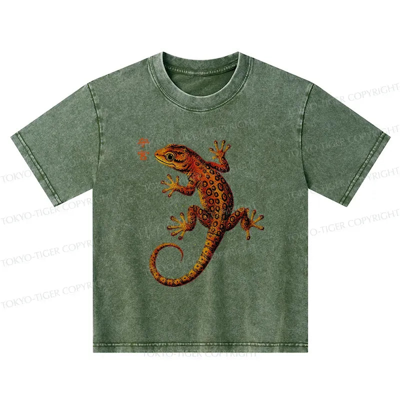 Kyoto-Lion Retro Gecko Funny Kids Washed T-Shirt
