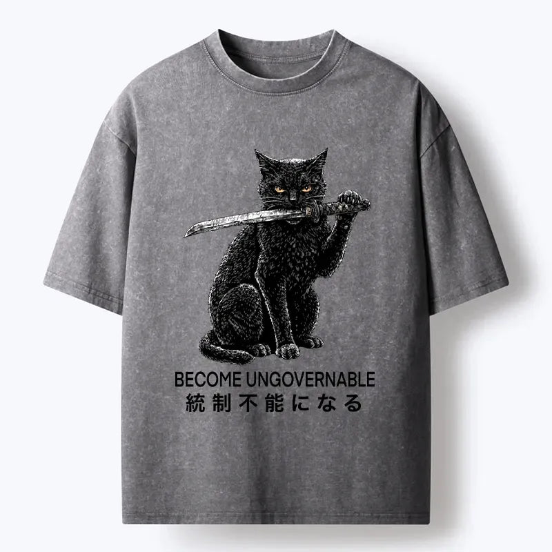 Kyoto-Lion Black Cat Chaos Mode On Washed T-Shirt
