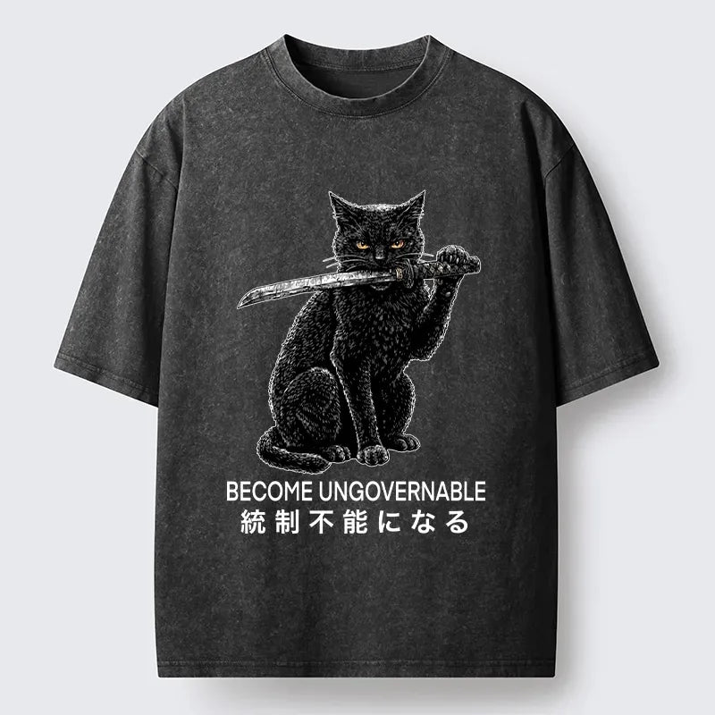 Kyoto-Lion Black Cat Chaos Mode On Washed T-Shirt