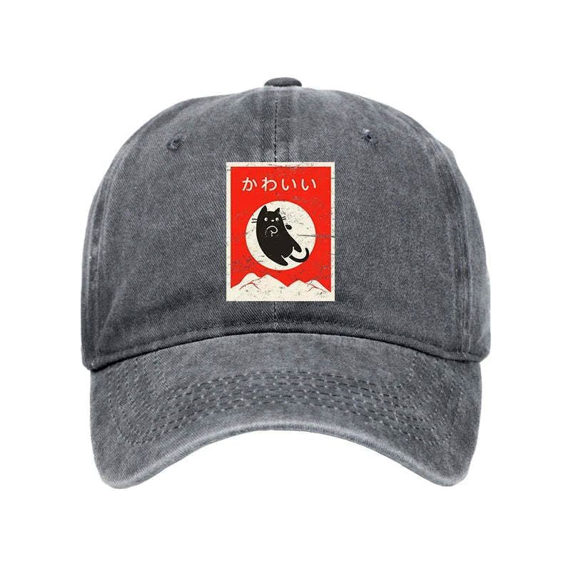 cute black cat japanese washed cap
