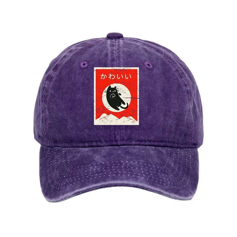 Kyoto-Lion Cute Black Cat Japanese Washed Cap