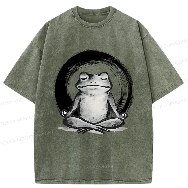 Japanese Zen Frog Washed T-Shirt for Daily Wear