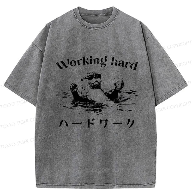 Kyoto-Lion Funny Working Hard Otter Washed T-Shirt
