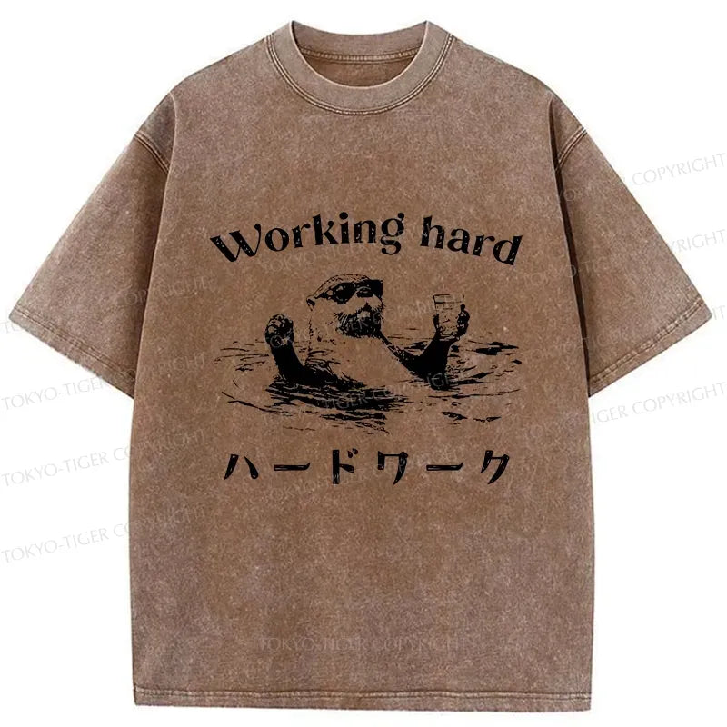Kyoto-Lion Funny Working Hard Otter Washed T-Shirt