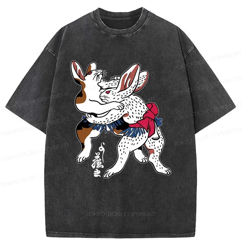Kyoto-Lion Rabbits Wrestling Sumo Washed T-Shirt